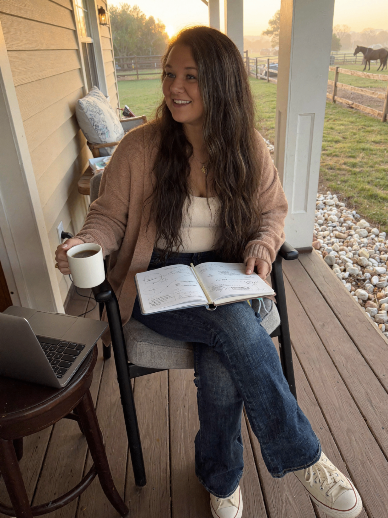 Creator reflecting with notebook and coffee.